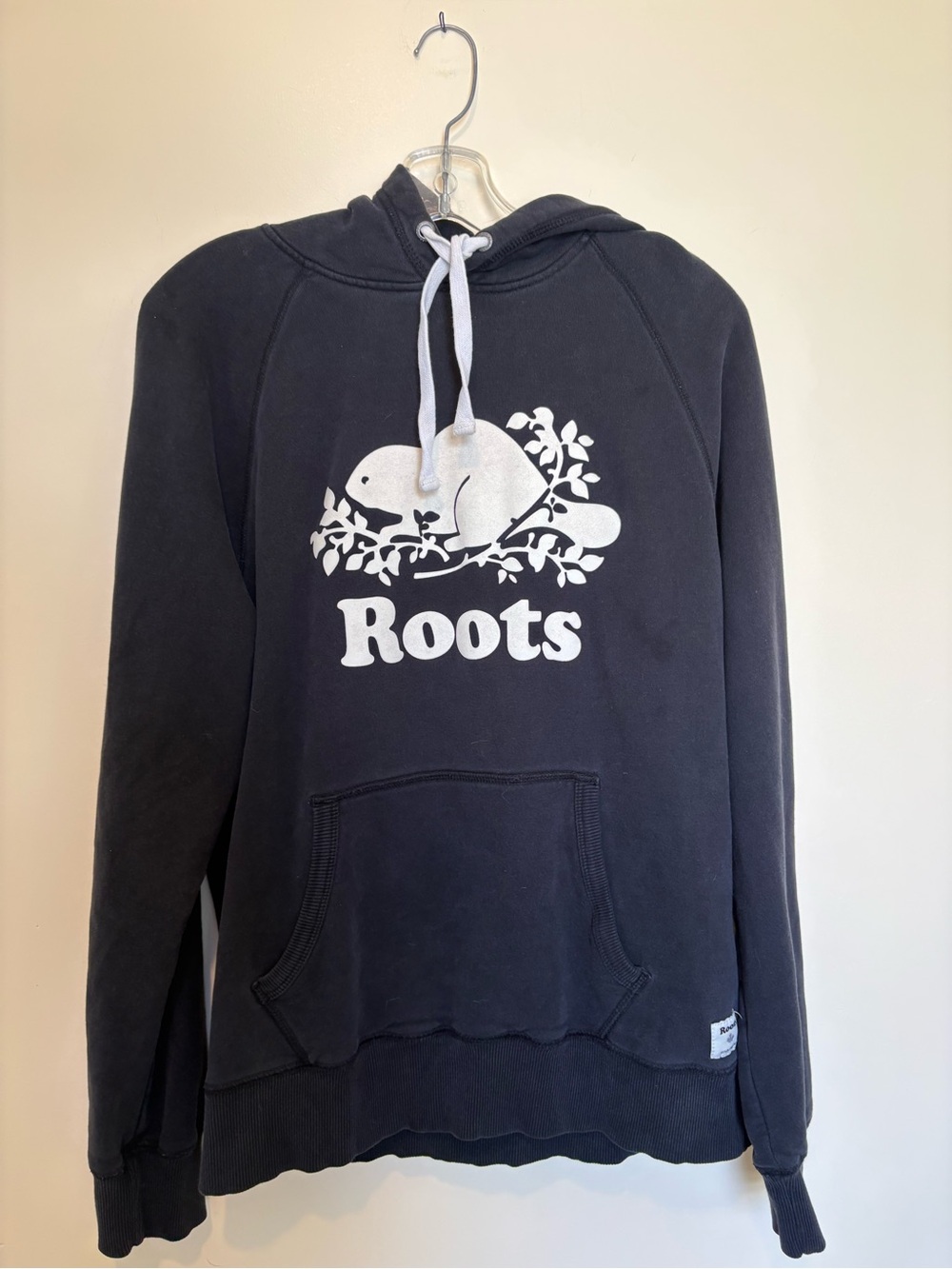 Roots Men's Black Crewneck Hoodie with White Logo Size S